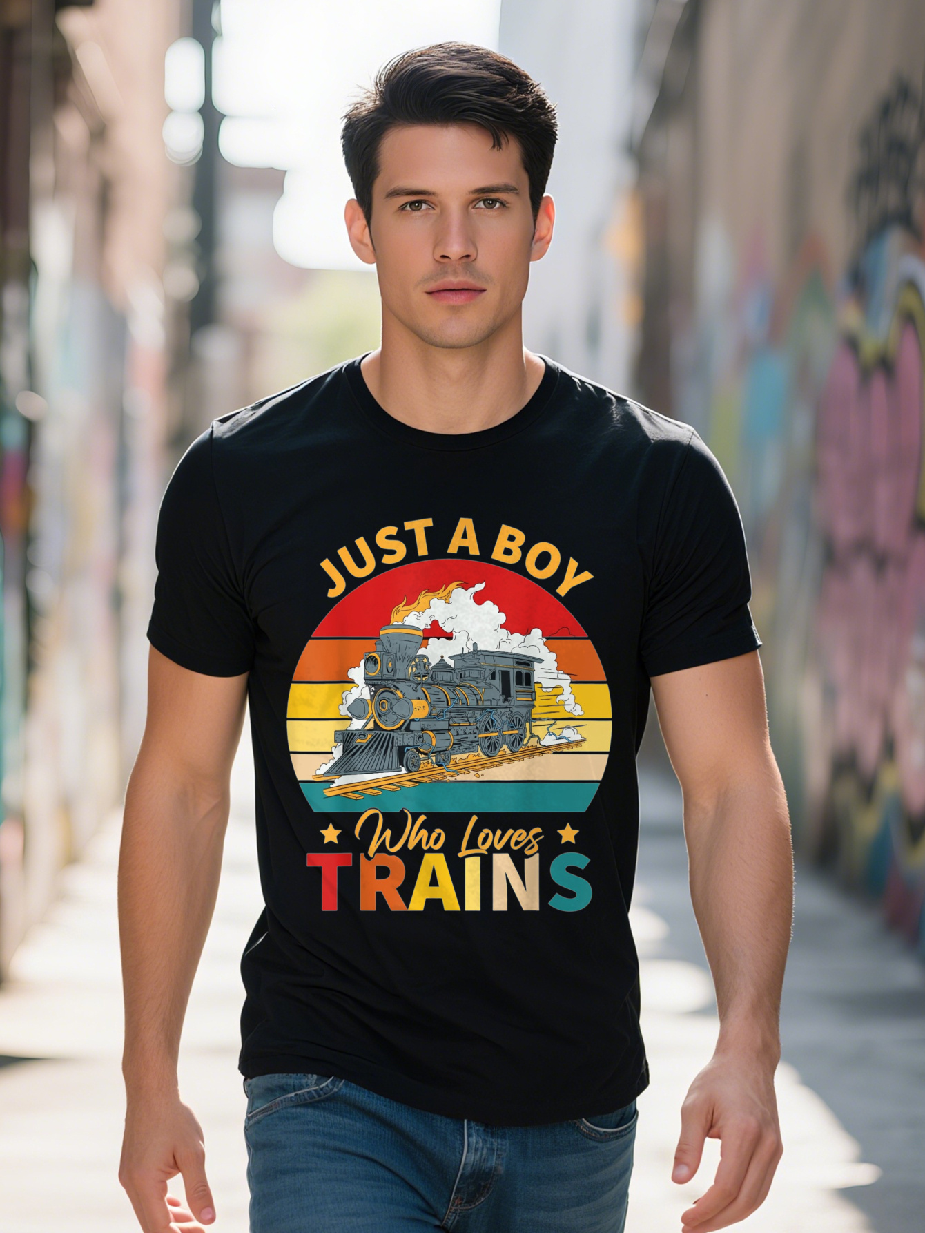 Men's 100% Cotton T-Shirt - "For Men Who Love Trains" Graphic T-Shirt, Short Sleeve, Crew Neck, Machine Washable, 7.76 oz