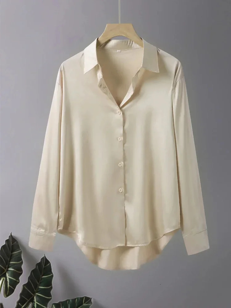 Plus Size Shirts Loose Casual Women Silk Fashion Long Sleeve ButtonDown Blouse Senior Female Elegant Solid Top Office Wear 250731
