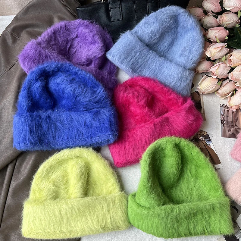 Fashion Rabbit Fur Y2k Beanies Women Soft Warm Fluffy Angola Winter Knitted Hat Female Plush Windproof Bonnet Skullies Cap 250730