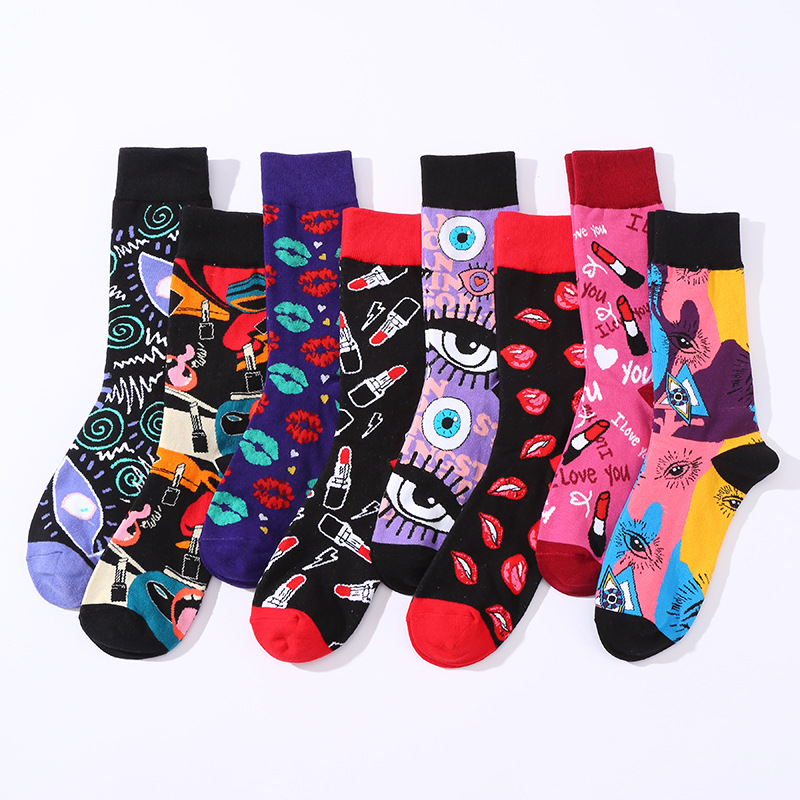 1 pair of red lip and eye series mid tube trendy socks for men, European and American fashion trend couple socks, plus size socks