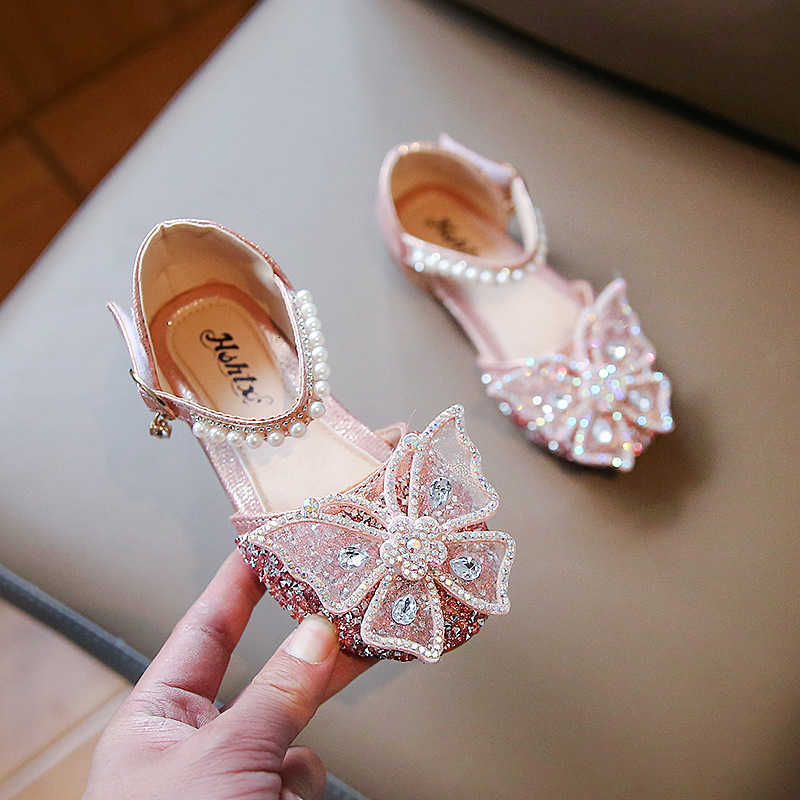 Sandals Girls' Princess Shoes Summer New Bowknot Pearl Sandals Children's Single Shoes Baby High-Value Little Leather Shoes