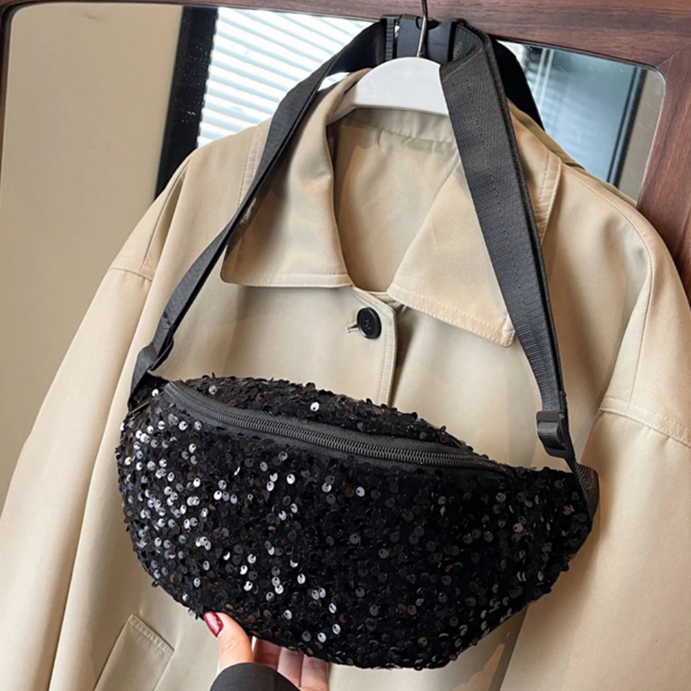 Sequin PU Leather Chest Bag for Women Trendy Crossbody Bag Sling Banana Bag Shiny Shoulder Bag Phone Waist Bag Handbags Purse 250731