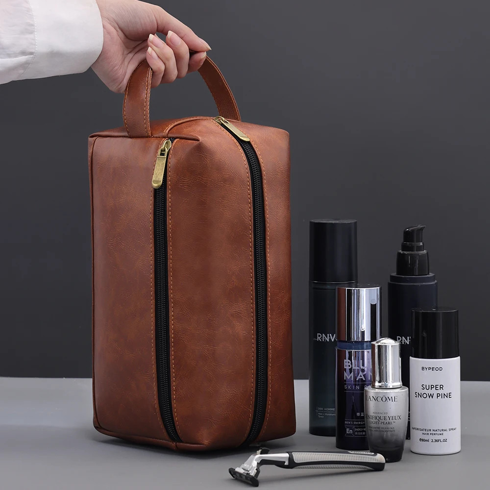Men Leather Travel Business Shaving Cosmetic Bag Strorage Portable Toiletry Bag Large Capacity Organizer Handheld Wash Bag 250731