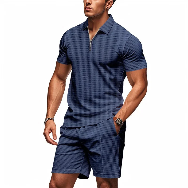 Crossborder American summer zipper shortsleeved POLO shirt casual shorts suit men 250724