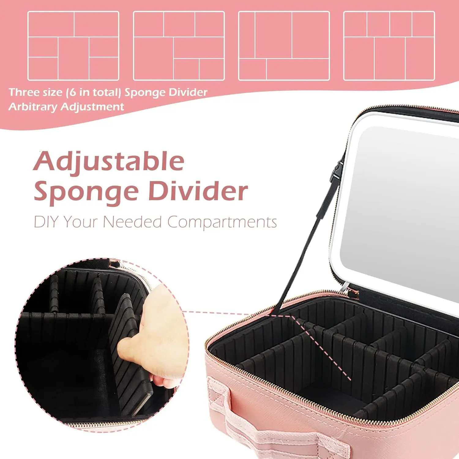 Makeup Bag with Mirror and Light Large Travel Train Case Cosmetic Organizer Portable Storage with Adjustable Dividers for Gifts 250731