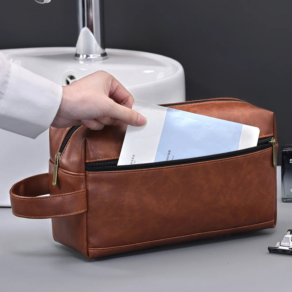 Men Leather Travel Business Shaving Cosmetic Bag Strorage Portable Toiletry Bag Large Capacity Organizer Handheld Wash Bag 250731