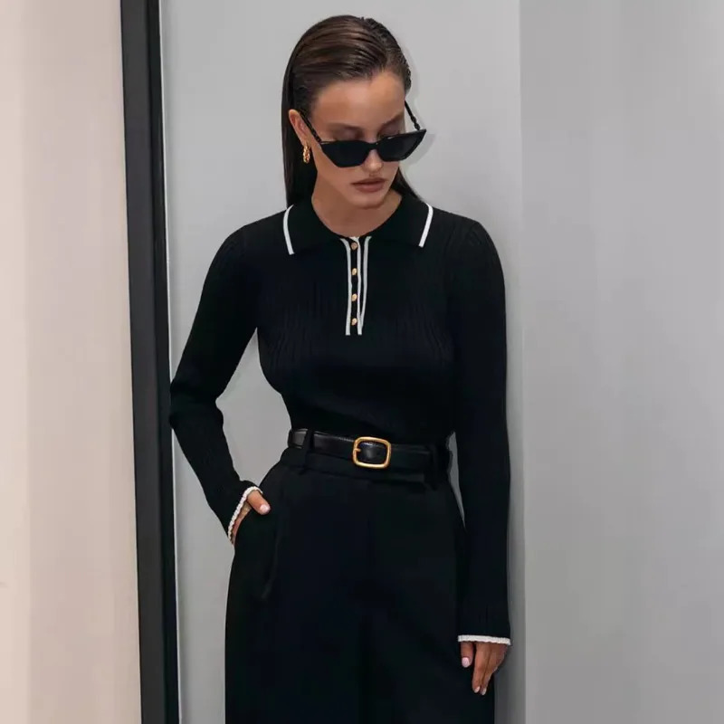 Talenza Autumn Knitted Pullover Womens Long Sleeve Patchwork Sweater Top Tight Bottoming Colorblock Lapel 250731