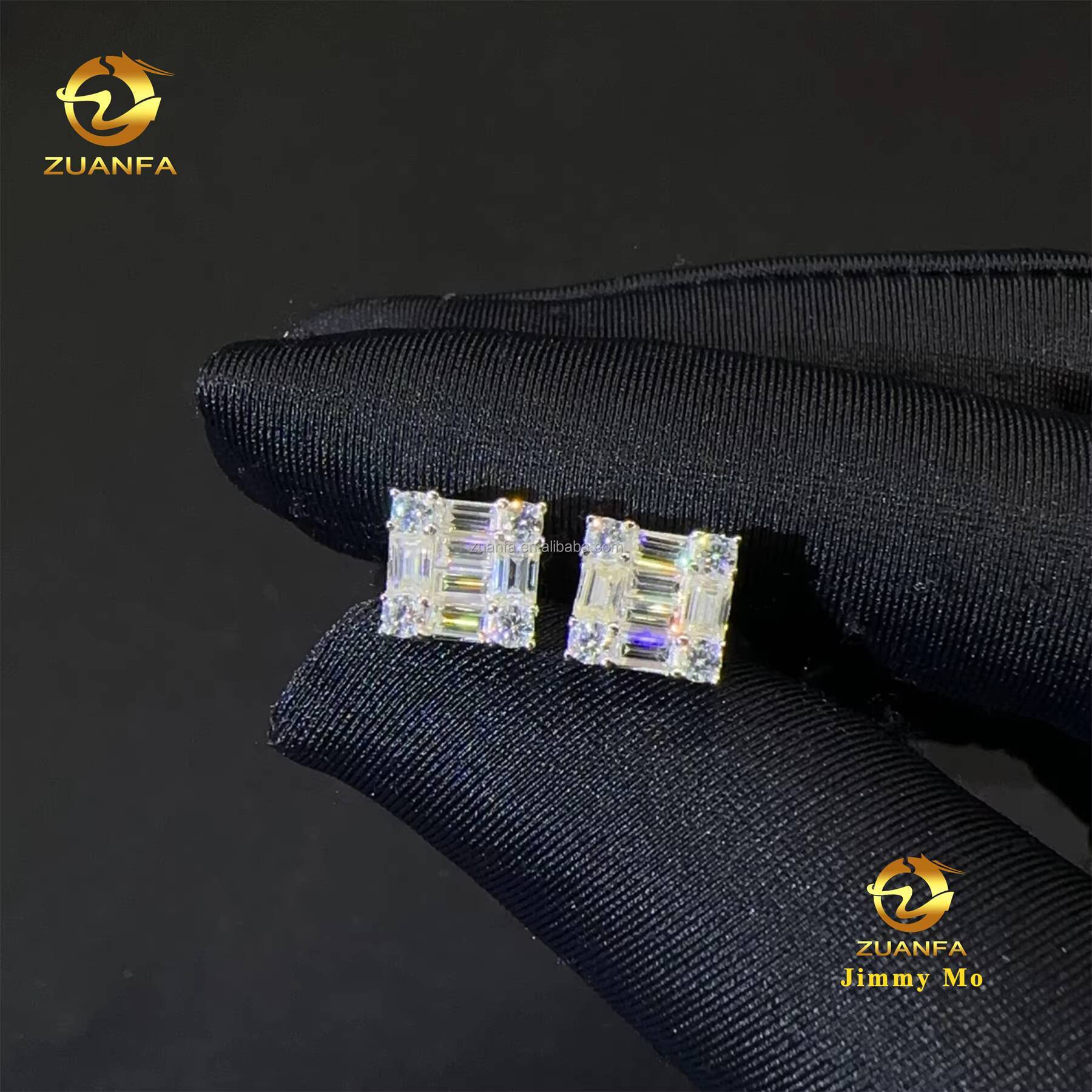 Best Selling Stock Iced Out Man Stud Earrings Baguette Moissanite Diamond Screw Back Setting Hip Hop Stud Earring 925 Silver