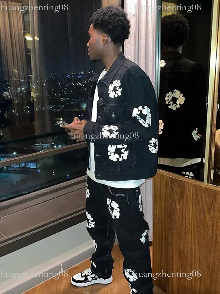 Fashion Graffiti Printed Lapel Denim Jacket Men High Street Trend Casual Loose Jean Jackets Autumn Quality Mens Coats 240911