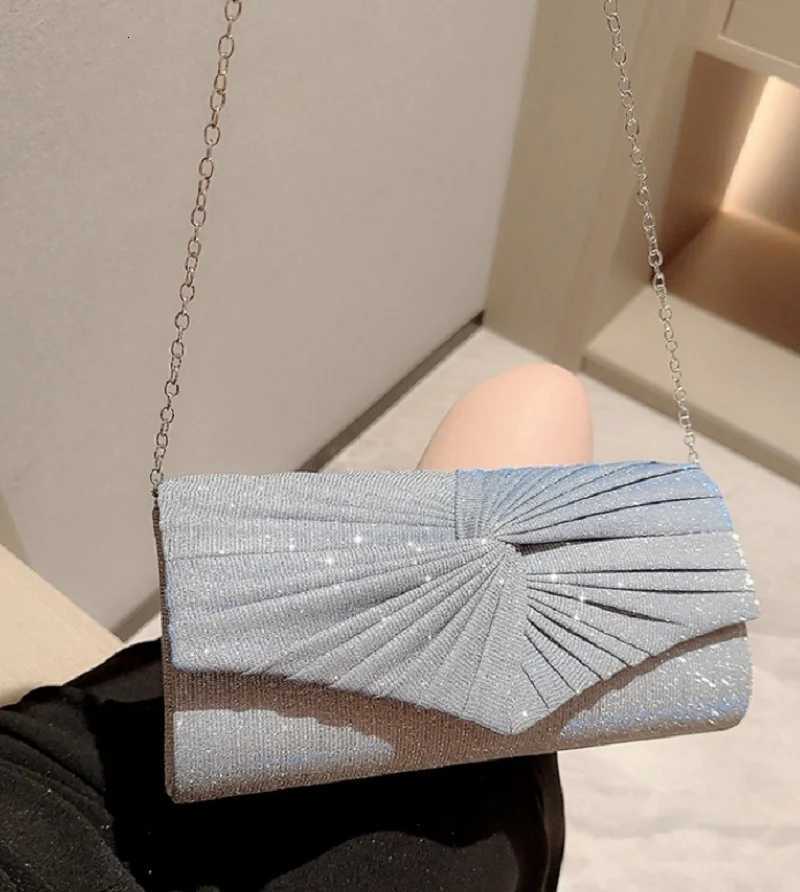 Shiny Banquet Clutch Bag Womens Pleated Handbag Fashion Glitter Flap Square Messenger Bag Females Party Clutch Bag Y250731