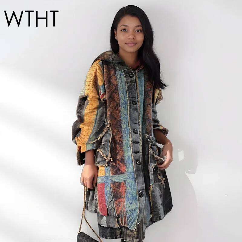 hoodie Vintage Women's Contrast Color Print Loose Knit Spliced Denim Hooded Long Coat Fashion Jacket Female 1LS2193 jacket