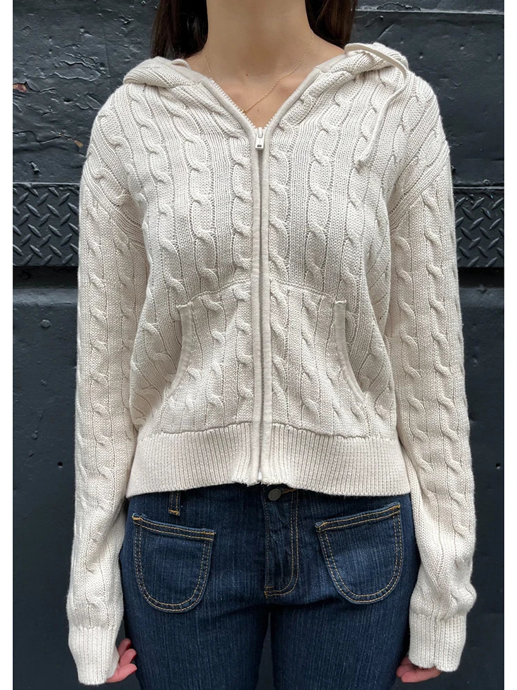 Solid Twist Knitted Hooded Cardigan Women Autumn Casual Cotton Ribbed Trim Zipup Sweater Vintage Streetwear Cropped Tops Coat 250731