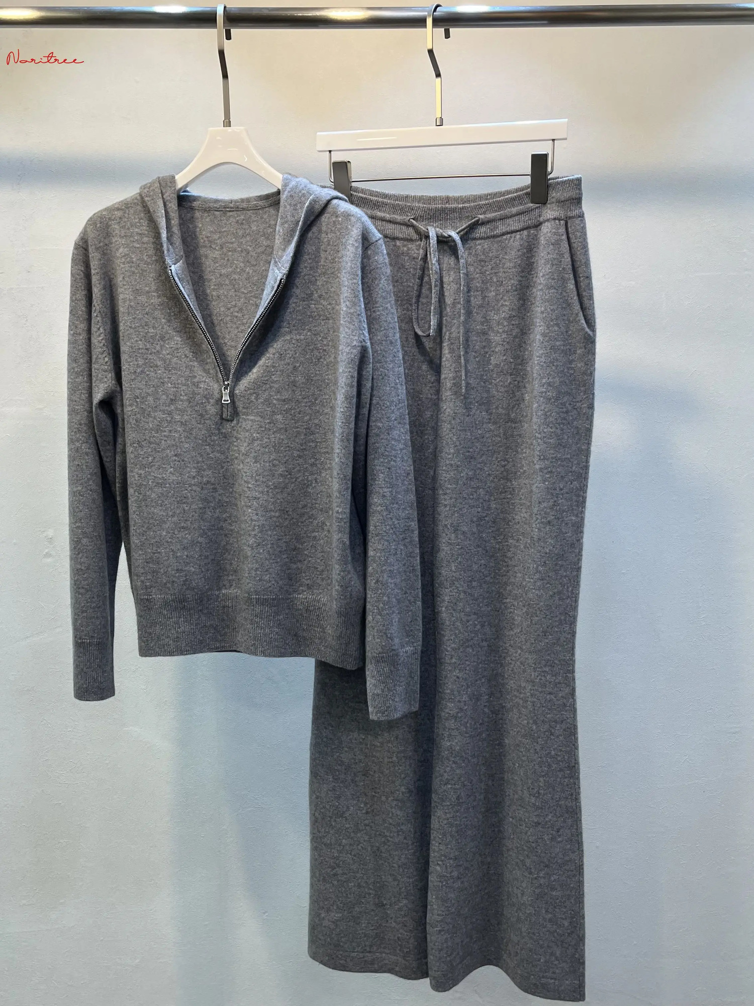 y Two Pieces 100% Cashmere Sets Wool Suits Female Hooded Warm Mink Knit Tops Wide Leg Pant WY1689 250731