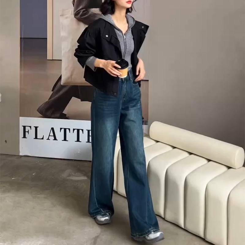 Non-elastic jeans, high-waisted, loose, slimming, sagging straight-leg floor-length pants, flared pants