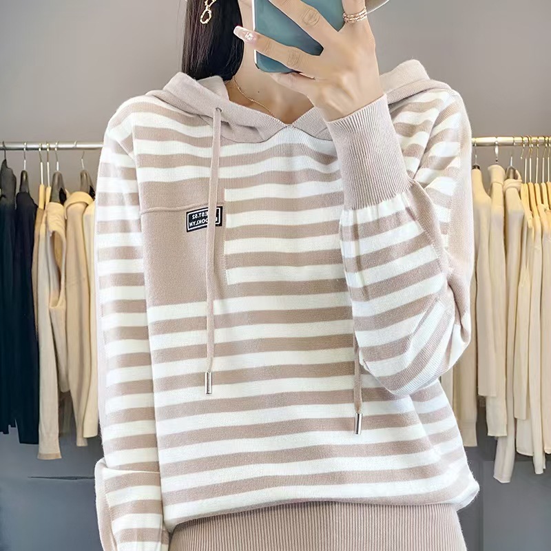 Women's autumn and winter striped hoodie knitted blouse loose large size fashion western style hooded casual sweater