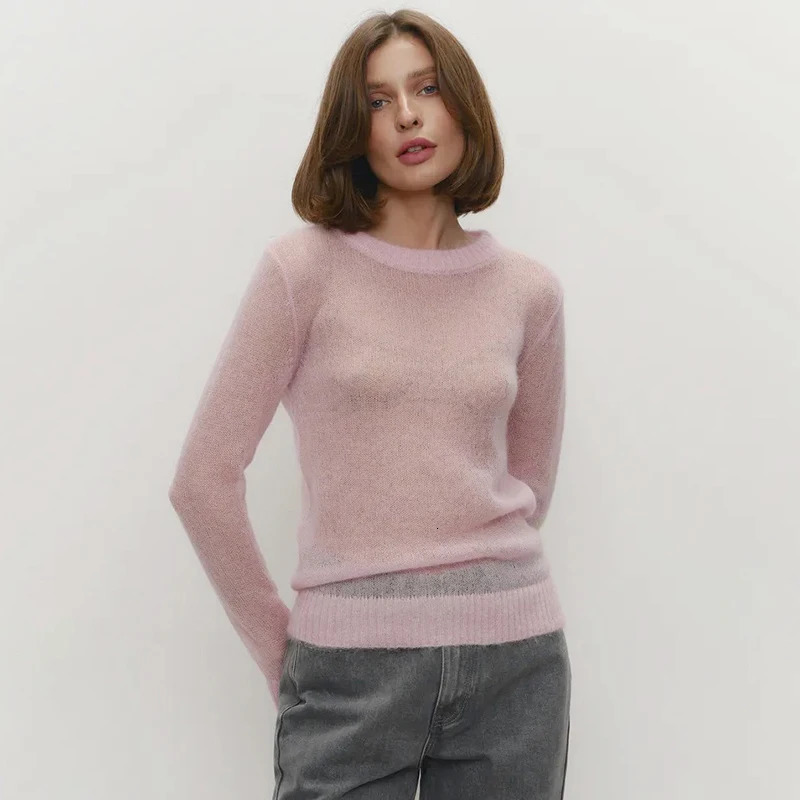 TARUXY Mohair Round Neck Pullover Sweater For Women Spring Summer Knitted Bottom Semisheer Knit Female Top 250731