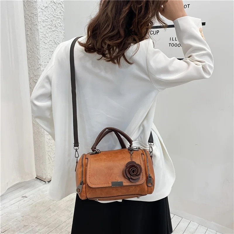 Large Vintage Boston Handbag - Solid Color PU Satchel with Zipper Closure and Flower Pendant - Perfect for Occasional Use 250731