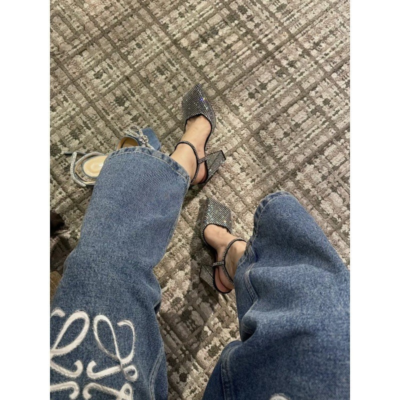 Free Delivery Of Outdoor 2025 New Designer Women's Thick-heeled High Heels Square Toe Crystal Outdoor Rhinestone Sexy And Elegant Cool Women'