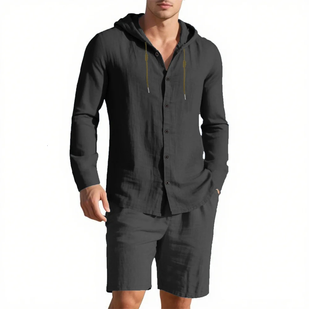 Mens Summer Shirt Sets Cotton Linen Beach Style Vacation Casual Solid Color Hooded Shirt Loose Fit Fashion Male Suit 250724