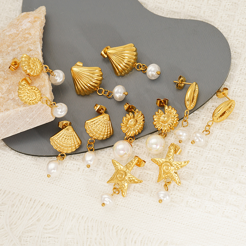 Fashion Summer Vacation Style Stainless Steel Conch Starfish Pearl Earrings Niche Versatile High-end Feel