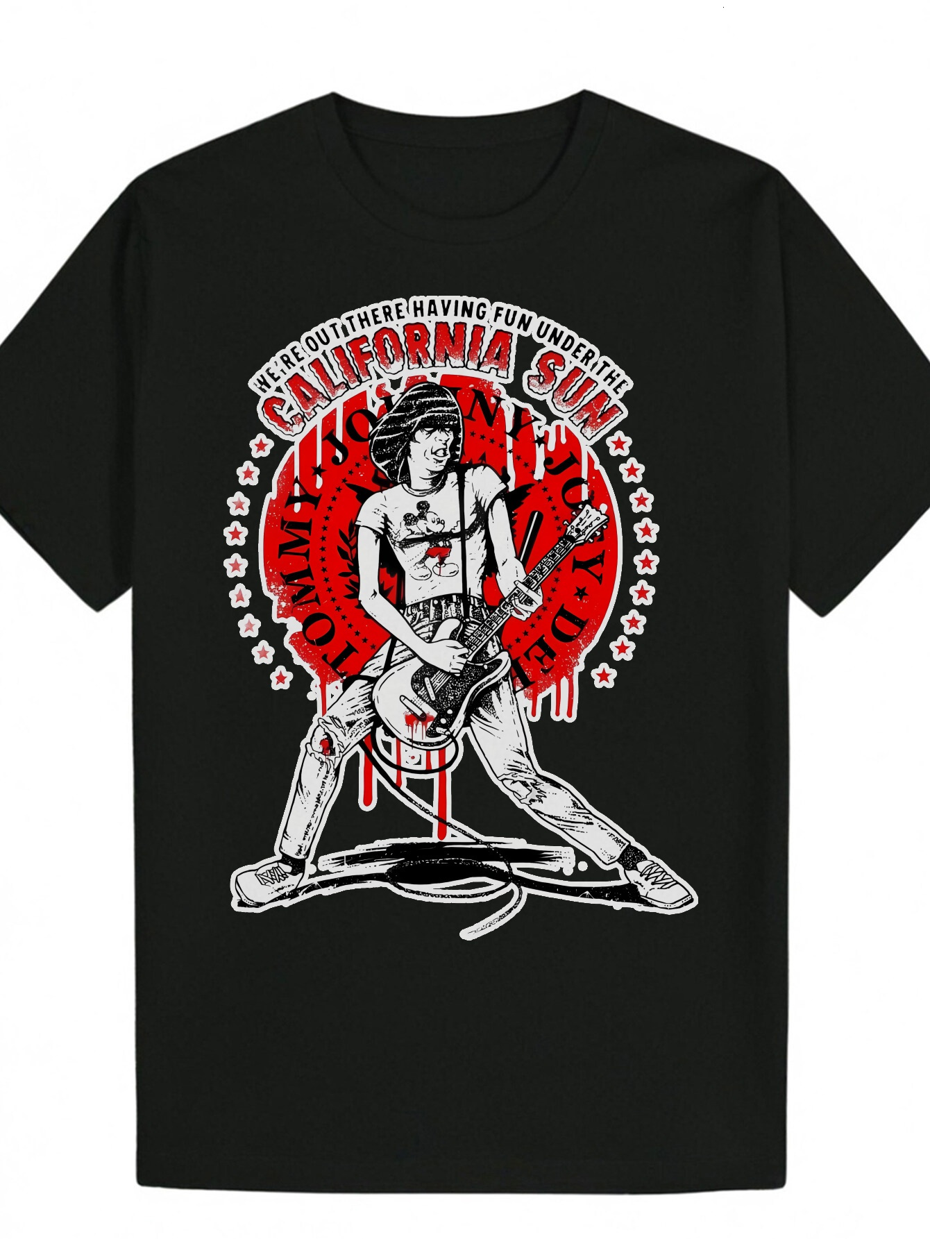 Men's Graphic T-Shirt-Casual Crew Neck, Short Sleeve, Polyester Blend, Guitarist Design Summer T-Shirt, Music Fan Clothing| California Sun theme|