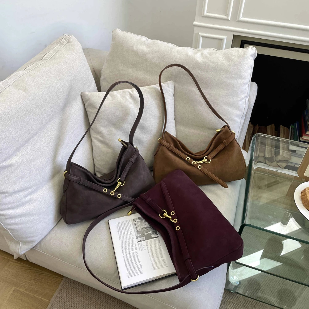 Motingsome Womens Fashionable Suede Shoulder Handbag y ner Saddle Bag Chic Lady Pouch Natural Leather Tote 250801