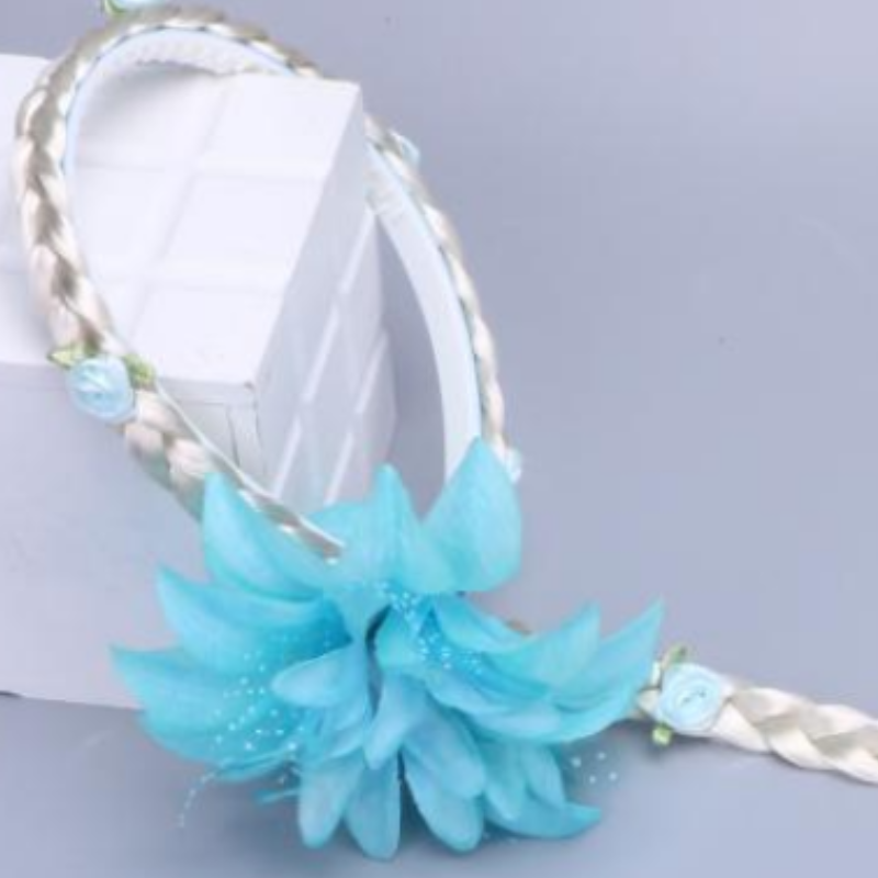 Children's wig with long braids princess style headband Snow Princess hair clip floral girl's hair accessory butterfly and flower decoration