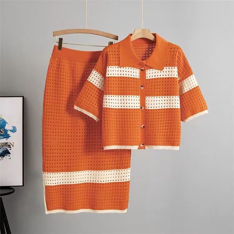 Two Piece Dress Summer Women Suit Cut Out Celebrity Knitted Lapel Short-Sleeved Loose Top Slit Skirt 2 Trendy Set