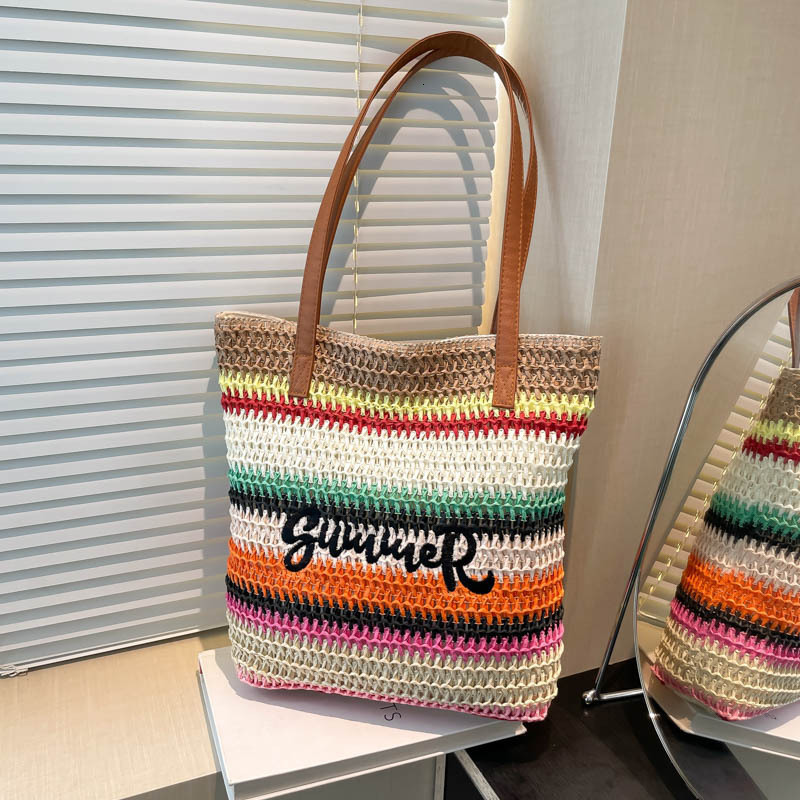 Women's Fashion Rainbow Stripe Knitted Bag Free Shipping Designer Luxury Letter Embroidered Handbag Leisure Vacation Beach Bag Single Shoulder Sh