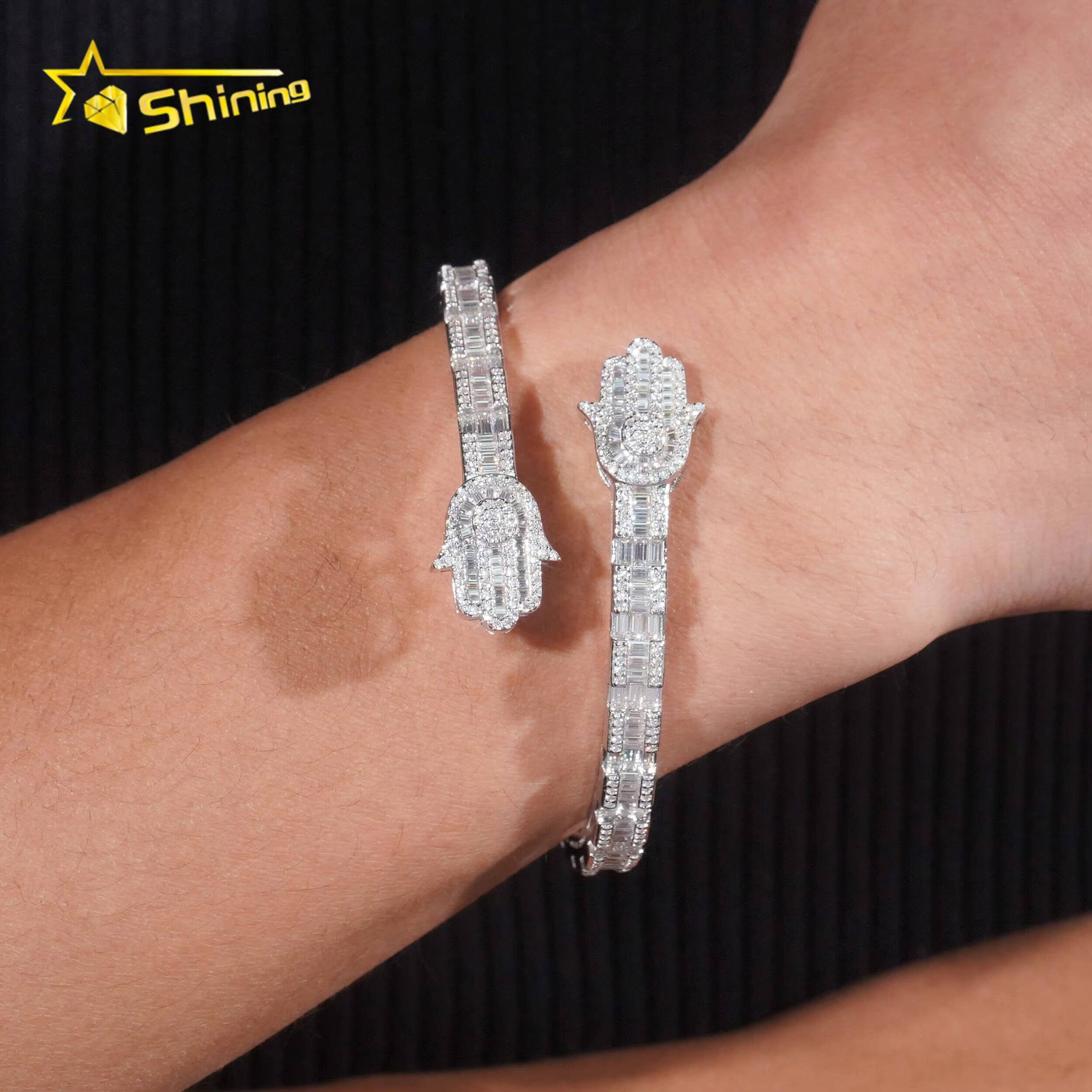 Pass Diamond Tester New Hamsa Design Fine Jewelry White Gold Plated Moissanite Diamond Cuban Link Bracelet
