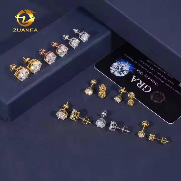 VVS D Moissanite Round Cut 4 to 10mm 6prongs Trendy Jewelry Ear Studs Unisex 925 Sterling Silver Custom Screw Back Stud Earrings