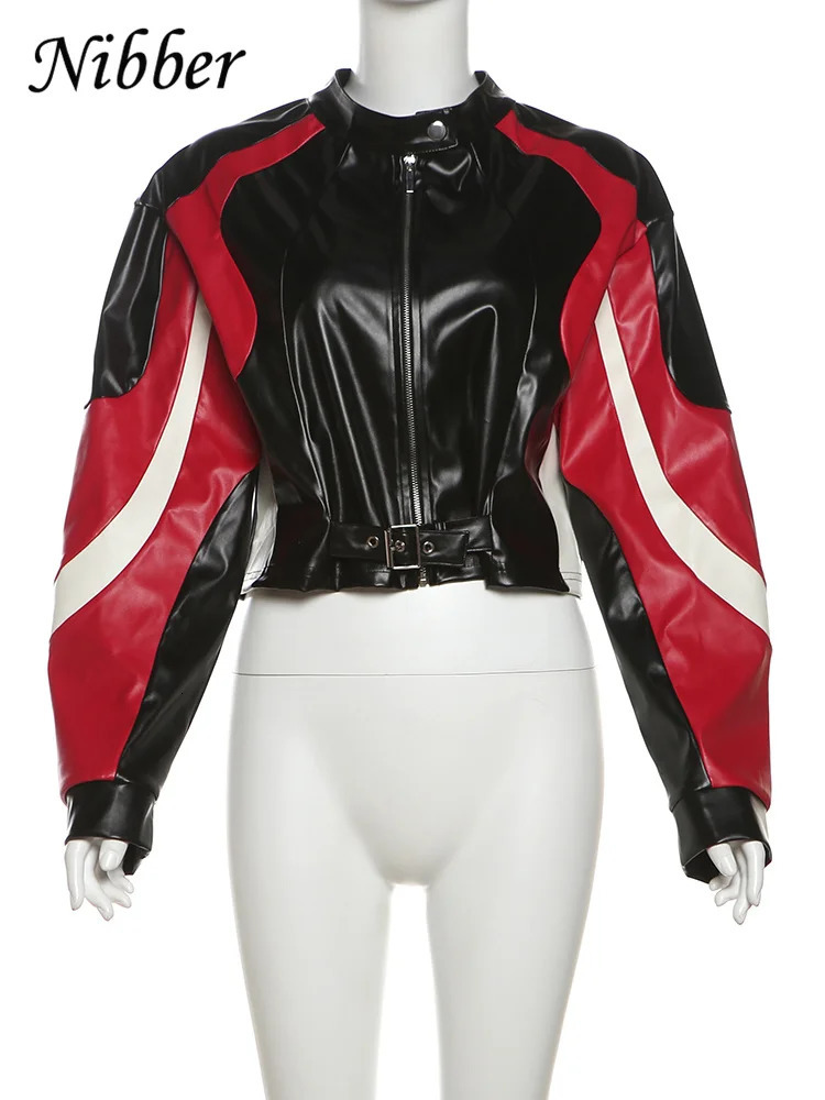 Nibber Zip Women Varsity Jacket Faux Leather Patchwork Cinched Waist Motorcycle Fashion Wild Street Hipster Uniform Crop Coat 250731