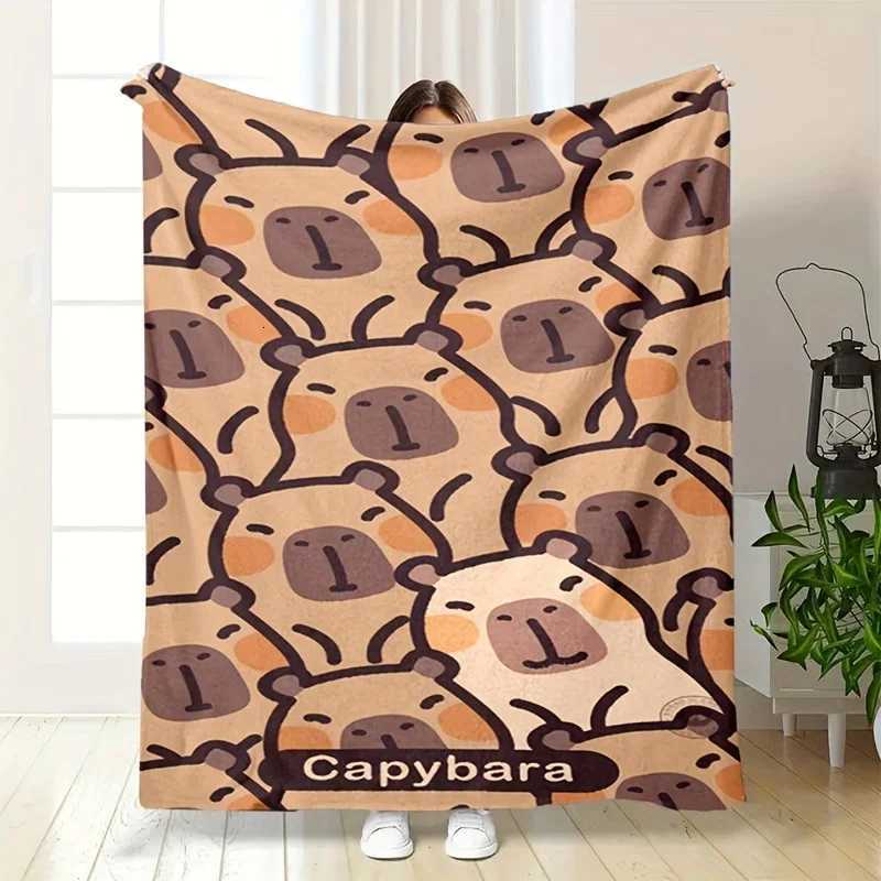 Capybara Cartoon 3D Printed Flannel Blanket - Soft Lightweight and Warm | Champagne with Brown and Black Accents | Tear-resista Y250731