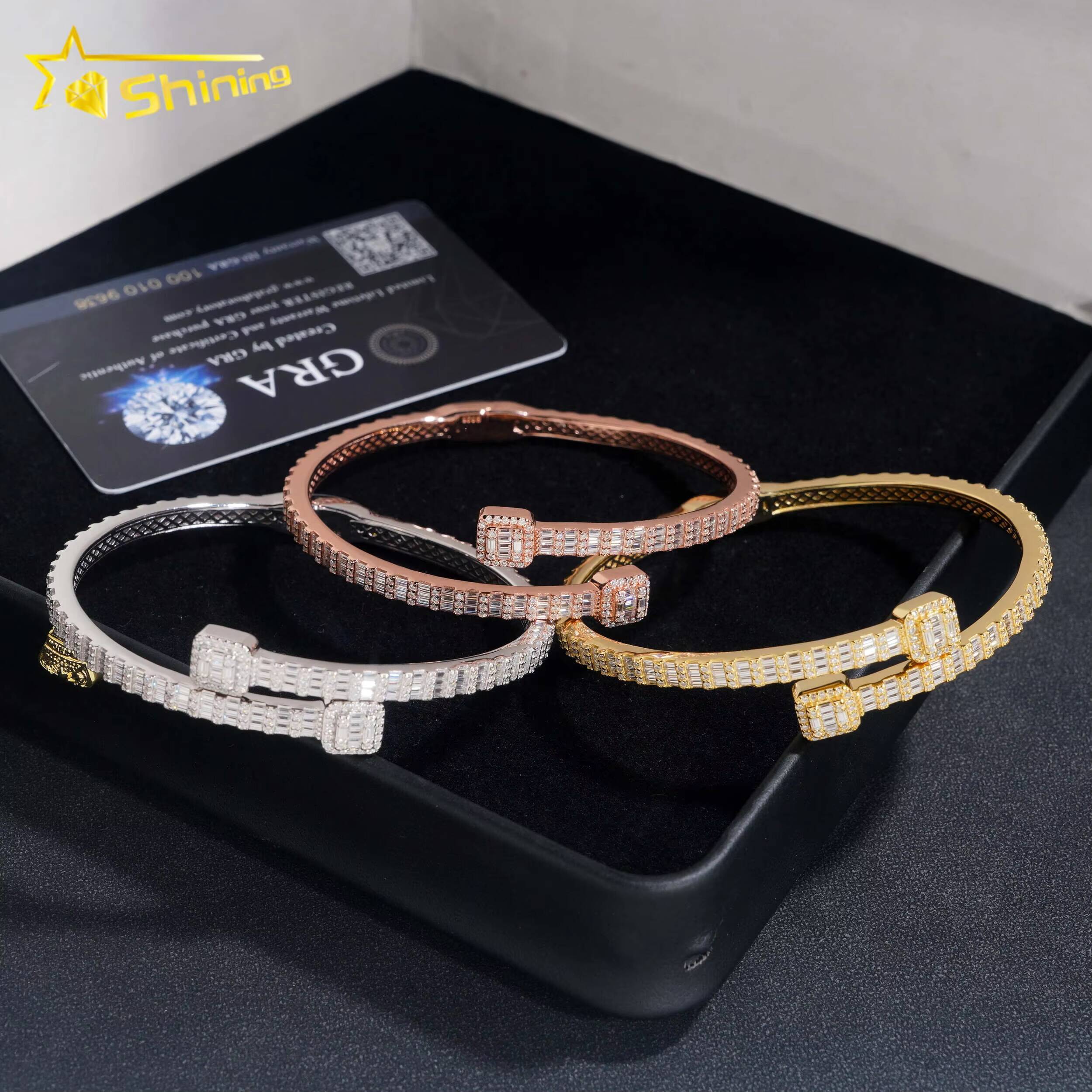 Ready Shipping Fine Jewelry S925 Silver Gold Plated VVS Baguette Moissanite Diamond Bangle Bracelet GRA Certificated
