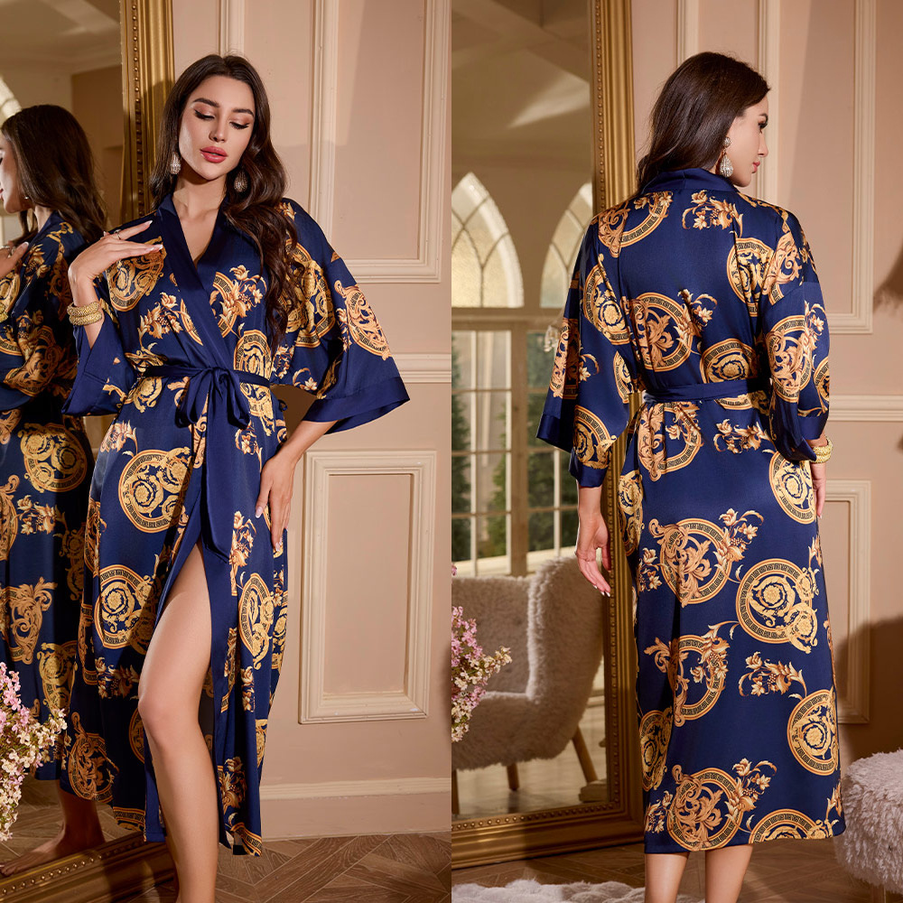 Light luxury women's clothing, long-sleeved ice silk pajamas women's spring and autumn dressing gowns V-neck loose home clothes