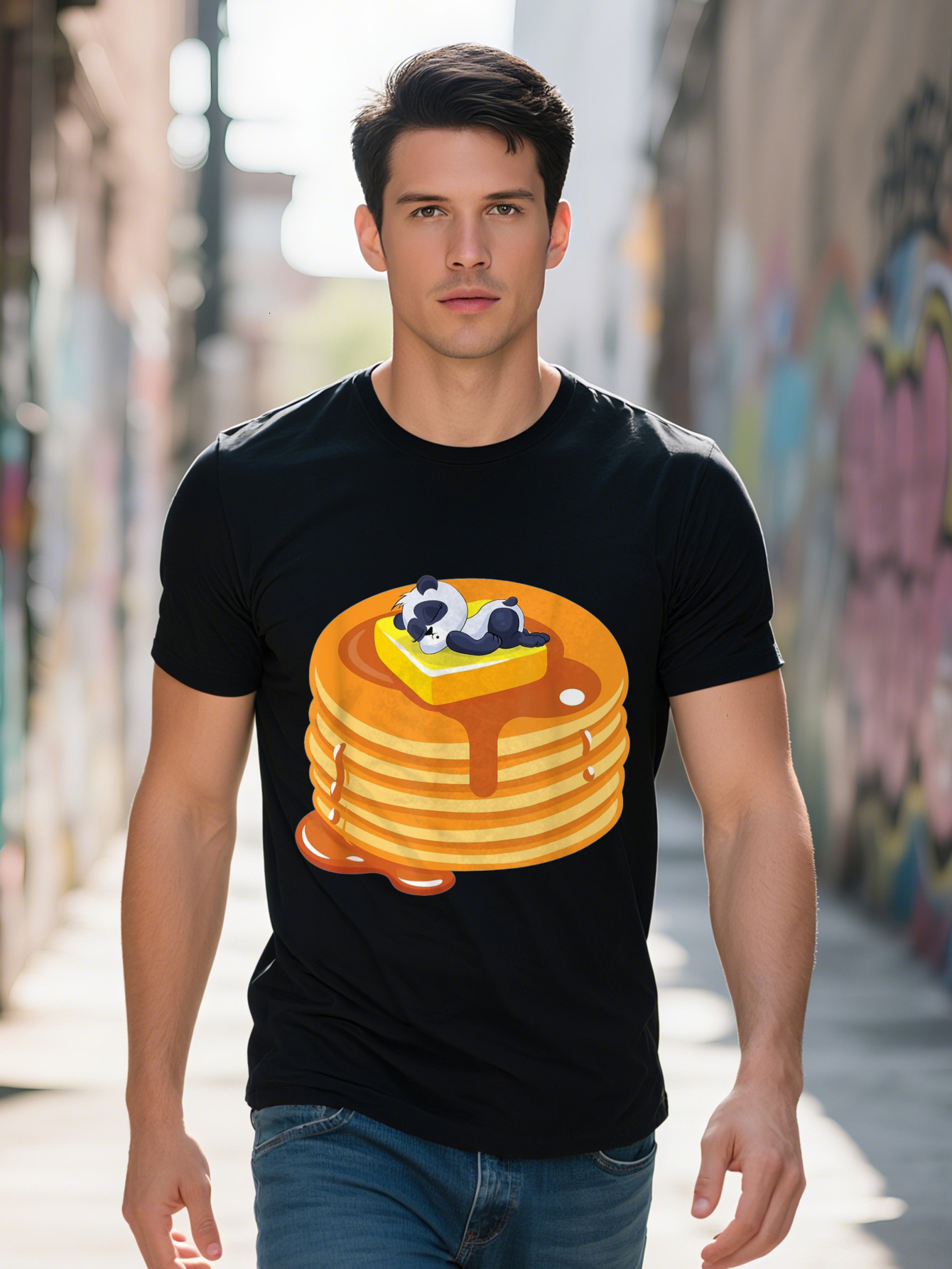 100% Cotton Men's T-Shirt - Cute Panda Pancake Design, Short Sleeve T-Shirt, Soft and Casual Wear, All-Season Round Neck Shirt Comfortable Fit