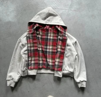 Korean street retro doublesided plaid loose zipper hoodie mens Y2K Harajuku hiphop gothic couple casual simple sweatshirt 250731