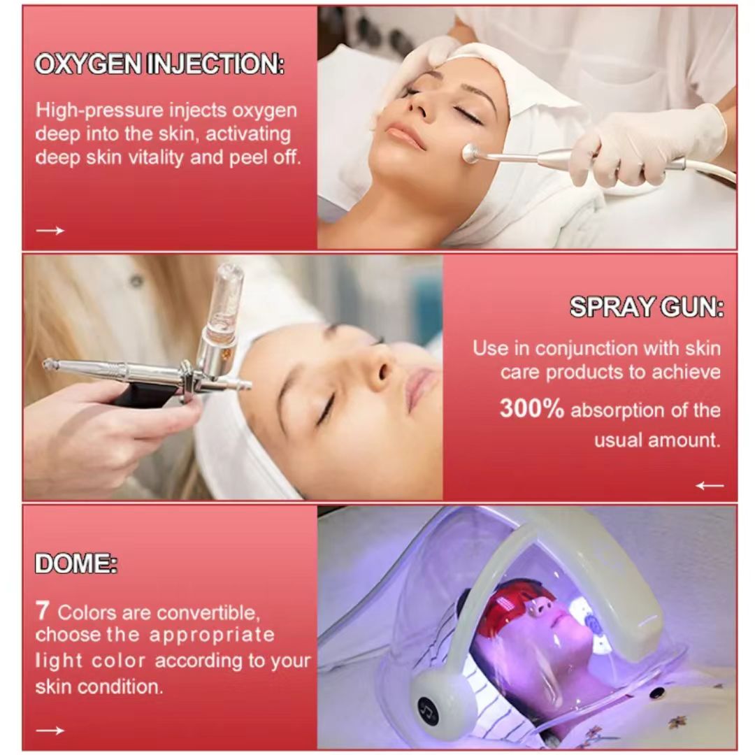 High Quality 3 In 1 Oxygen Facial Machine Skin Care Hyperbaric Oxygen Jet Peel LED Dome Therapy For Spa
