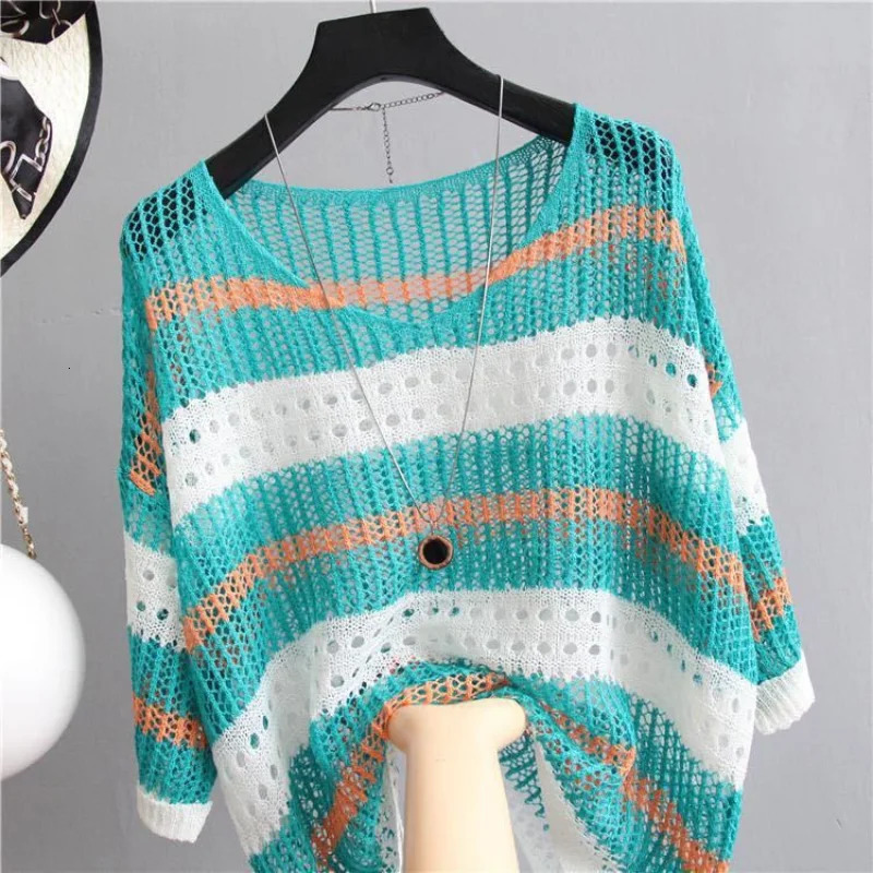 Women Half Sleeve Colorful Hollow Out Blouses Striped Ice Silk Knit Shirt Loose Retro Style Pullover Lightweight Tank Tops 250731