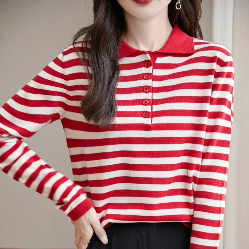 Women 100% Cotton Striped Sweater Polo Collar Pullover Casual Color Blocking Knitwear Long Sleeve Spring Autumn Clothing Tops 250731