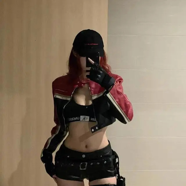 Short Motorcycle Leather Jacket Black and Red Stitching Long Sleeved with Retro Stripes Women Vintage Racing Coat 250731