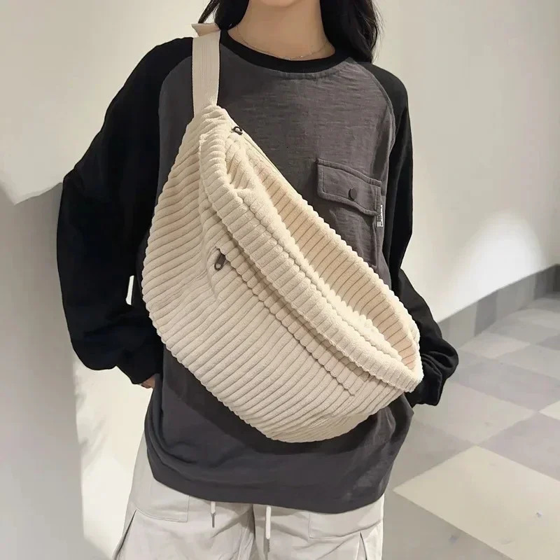 Large Capacity Waist Bag Women Shoulder Crossbody Bags Casual Fanny Pack Simple Phone Purse Corduroy Waist Bag Ladies Banana Bag 250731
