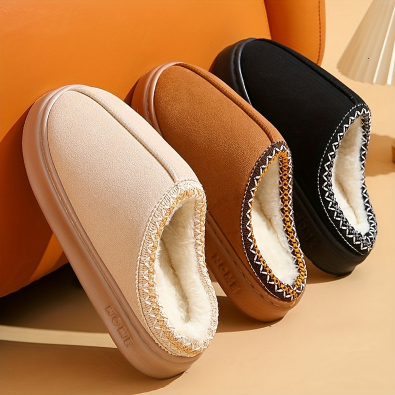 Winter - Thickened Non-Slip EVA Sole, Soft Fabric Indoor Home Shoes with Lace-Up Design, Warm and Lightweight Slip-On Suitable for Cold Floors Black / Brown, ho