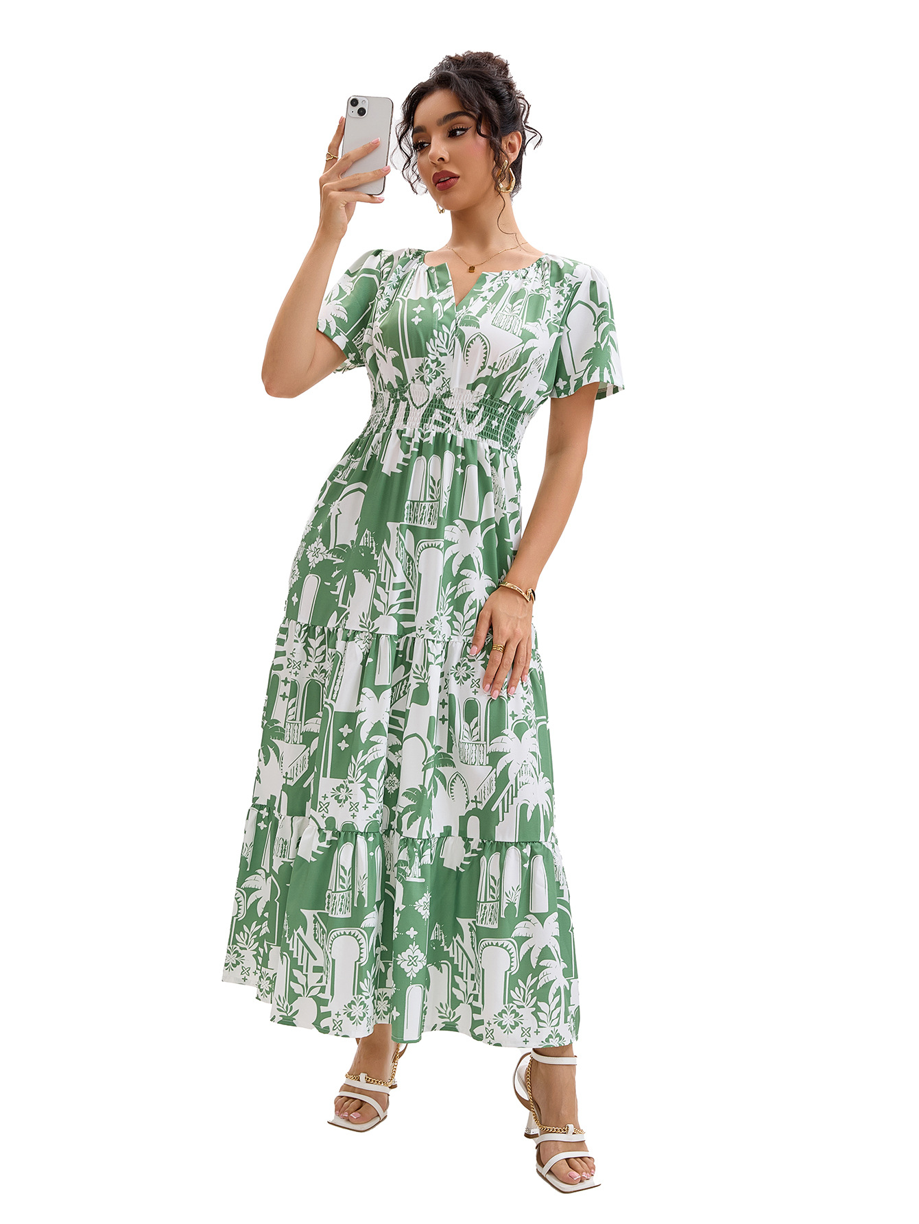 K731New small fresh coconut tree holiday dress fashionable temperament waist splicing dress