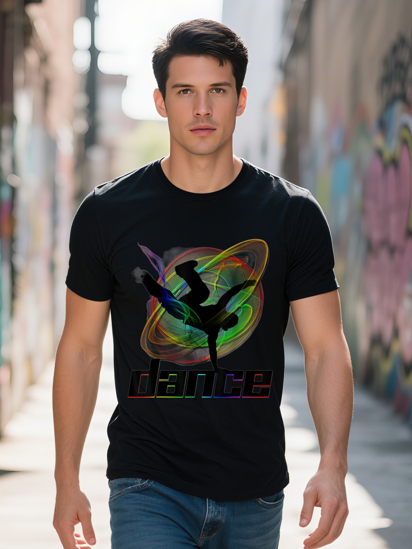 Men's 100% Cotton Pattern - Vibrant Breakdance Design, Short Sleeve, Crew Neck, All-Season Casual Street Dance T-Shirt