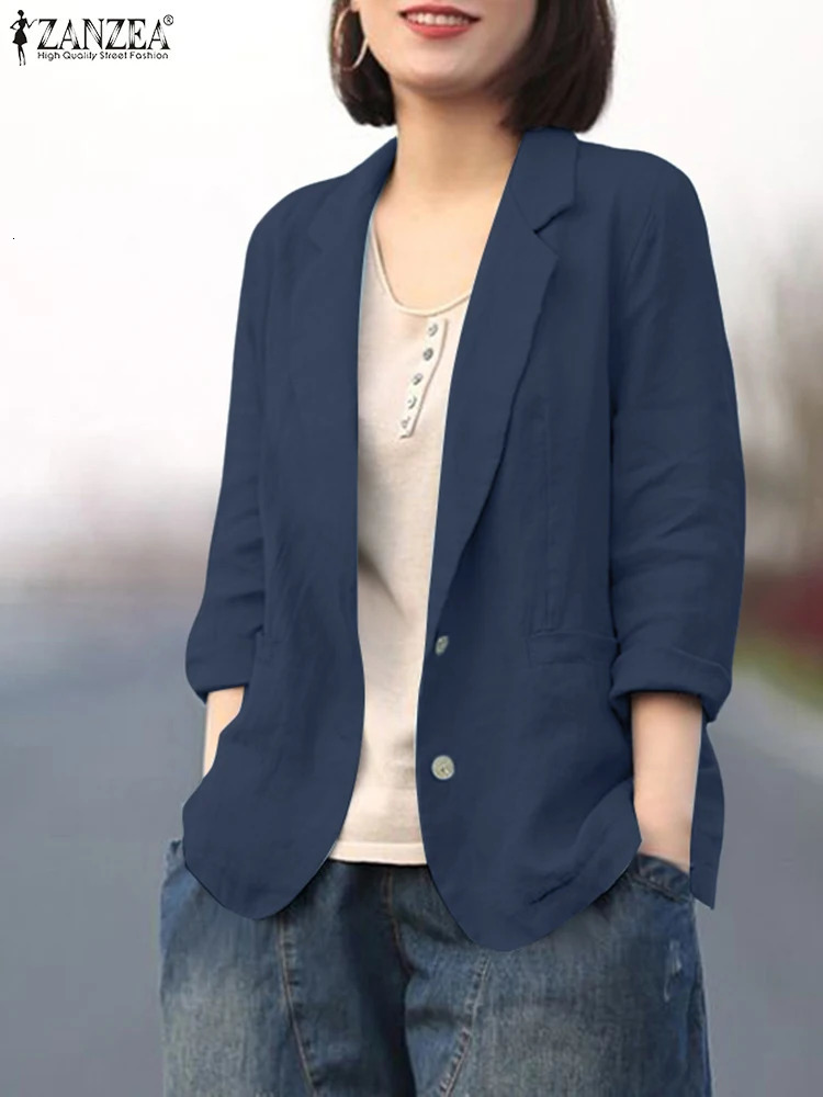 ZANZEA Women Blazer Fashion Autumn Long Sleeve Lapel Neck Shirt Thin Tops Solid Cotton Jackets Elegant OL Work Outwears 250731