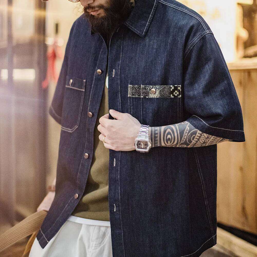 Designer Clothing 2025 Maden Retro Boro Denim Short Sleeve Shirt Men Summer Indigo Dyed Lapel Single Breasted Casual Overshirt Street Outfits Blouse