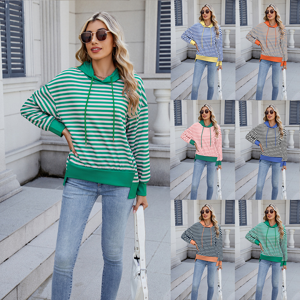 Women's loose striped sweater, irregular color matching blouse