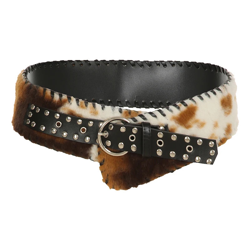 Fashion Classical Leather Pu Spliced Faux Fur Women's Belts Cow Pattern Exquisite Retro Accessories 250814ww