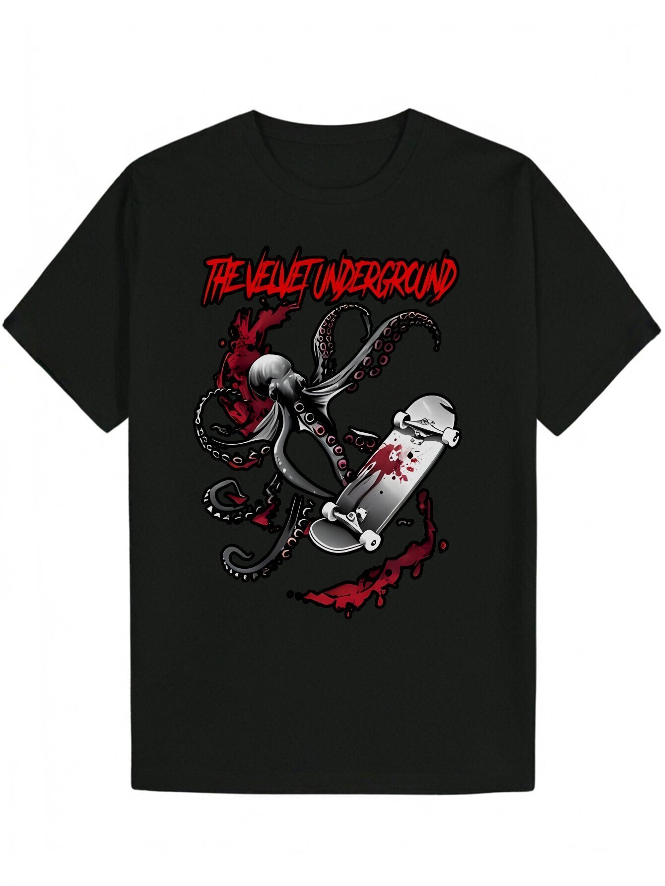 Men's Crew Neck T-Shirt with Octopus Skull Pattern - Black Polyester, Red and White Print, Perfect for Wear, Summer Casual Wear|Skull Print Top|P